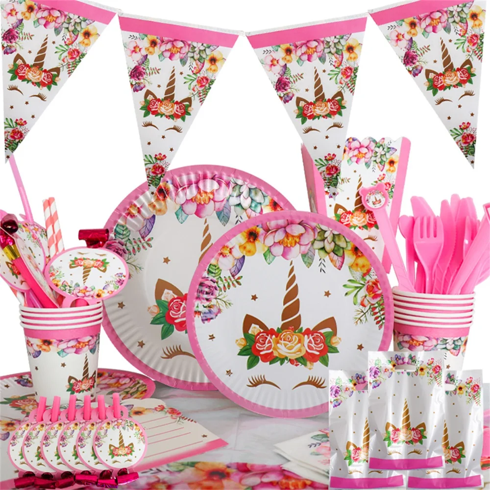

Unicorn Party Supplies Disposable Tableware Set Kids Birthday party Decoration Unicornio Decor Plates Cup Banner Baby Shower