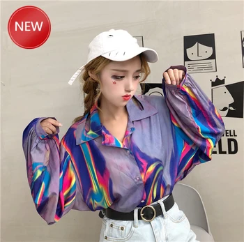 

Windbreaker Violet Contrast Tie Dye Print Sun Blouse Streetwear Harajuku Top Loose Shirt Korean Vintage Blusas Punk Women Summer