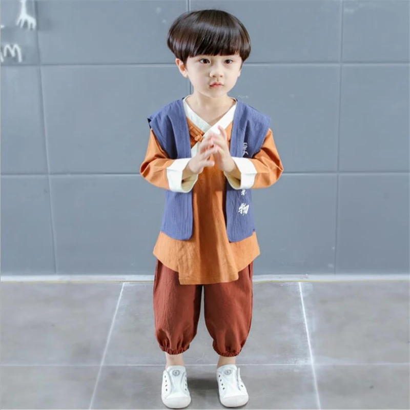 Vintage chinese national costume for kids 3 pieces baby hanfu boy outfit tang dynasty clothing kung