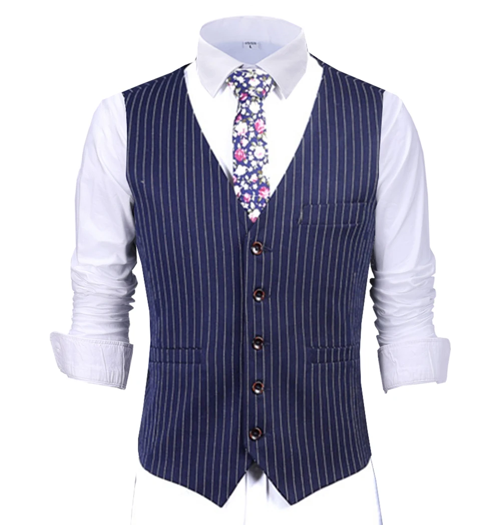 Classic Men's Royal Blue V Neck Stripe Green Vest Wool Grey Jacket Gentleman Business Coffe Waistcoat For School Worker Wedding