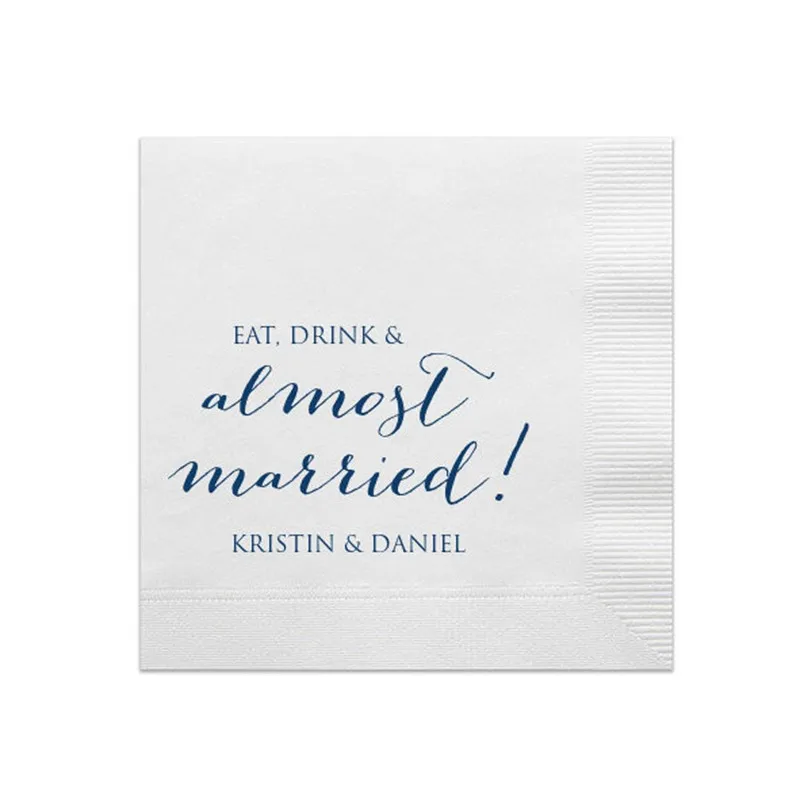 

Personalized Wedding Engagement Napkins Beverage Cocktail Modern Guest Towel Custom Monogram Rehearsal Dinner Almost Married