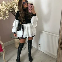 

High-neck Knitted Tops Elegant and Fashionable Long-sleeved Ruffled Trim Patchwork Knitted Pullovers Autumn Chic Ladies Tops