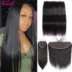 Brazilian Straight Hair Bundles With Closure 28 Inch Remy Human Hair Weave 3/4Pcs With 13x4 Transparent Lace Frontal Pre Plucked