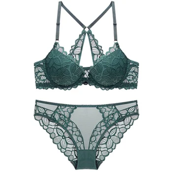 

Sexy Lace Bra and Panty Set Women Underwear Lingerie Set Y Strap Front Closure Push Up Underwire Floral Breathable Brassiere