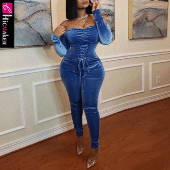 

Women Off Shoulder Long Sleeve Bodycon Jumpsuit Skinny Velvet Plus Size Solid Slim Pockets Design Sexy & Club Overall