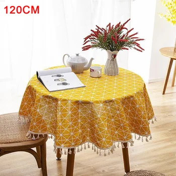 

With Tassel Cotton Linen Dining Room Dustproof Multipurpose Reusable Wedding Party Geometric Protective Cover Round Tablecloth