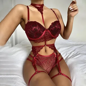 2021 Women's Lingerie Set Sexy Lace Mesh Hollow Out Open Push Up Bra and Panty Two-piece Suit Black Bandage Underwear