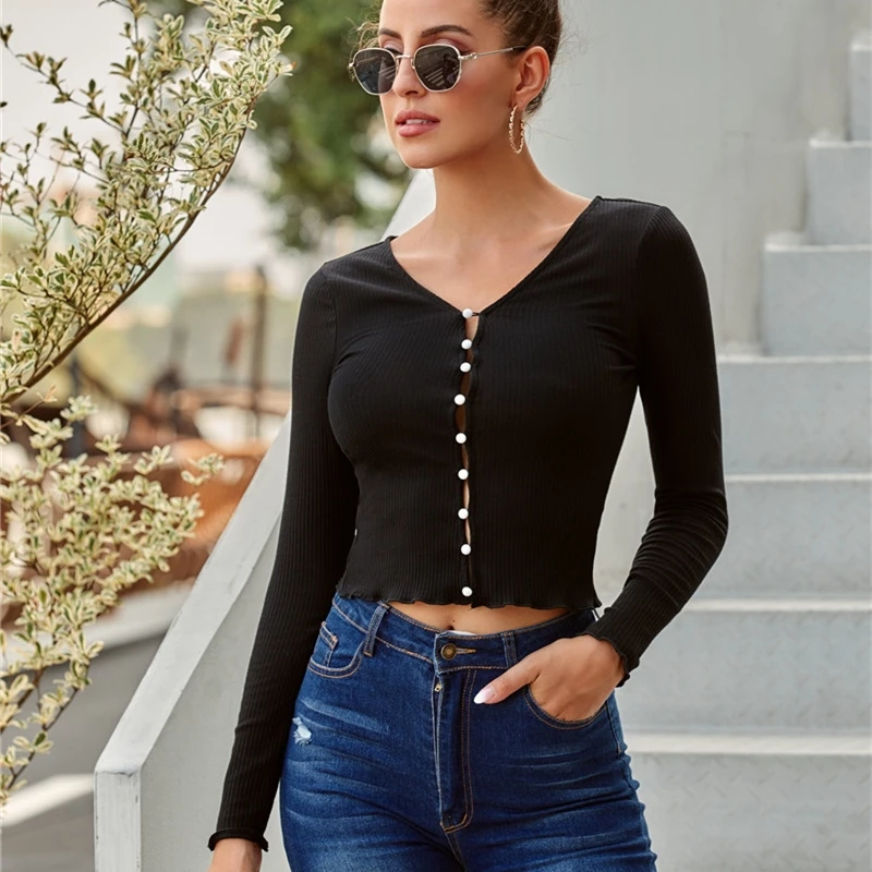 New Women's Black Long-sleeved Shirt V-neck Slim Button Cardigan Lotus Lace Cropped Short T-shirt Autumn Sexy Lady Party Wear