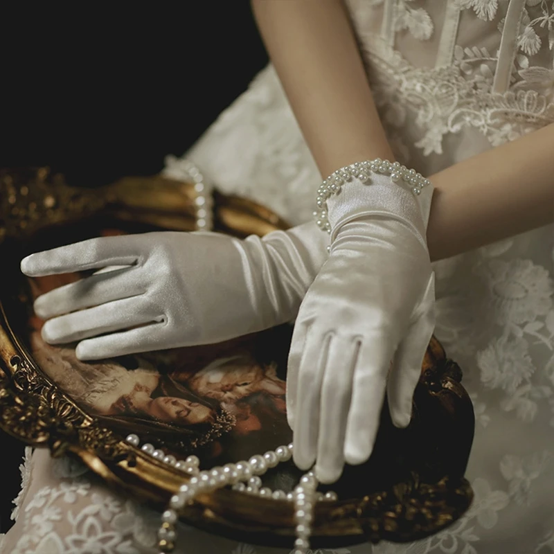Wedding Dress Gloves Satin Short Gloves Pearl Beaded Prom Mittens