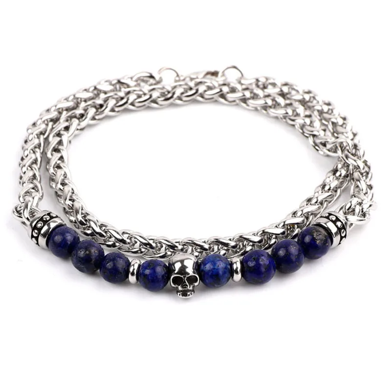 2020 New Design Men Bracelet Stainless Steel Chain Skull Natural Stone Bracelet Men Jewelry Gift