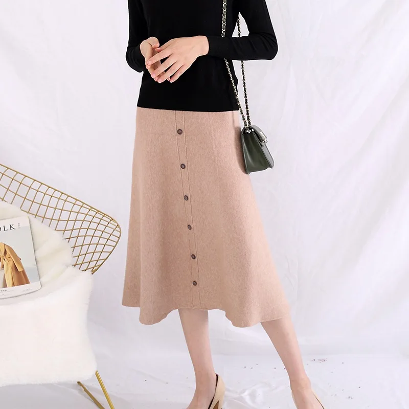 

19 Autumn And Winter New Style Wool Skirt Autumn New Arrival Button Wool Knitted A- line Skirt Loose-Fit Slimming shan xing qun