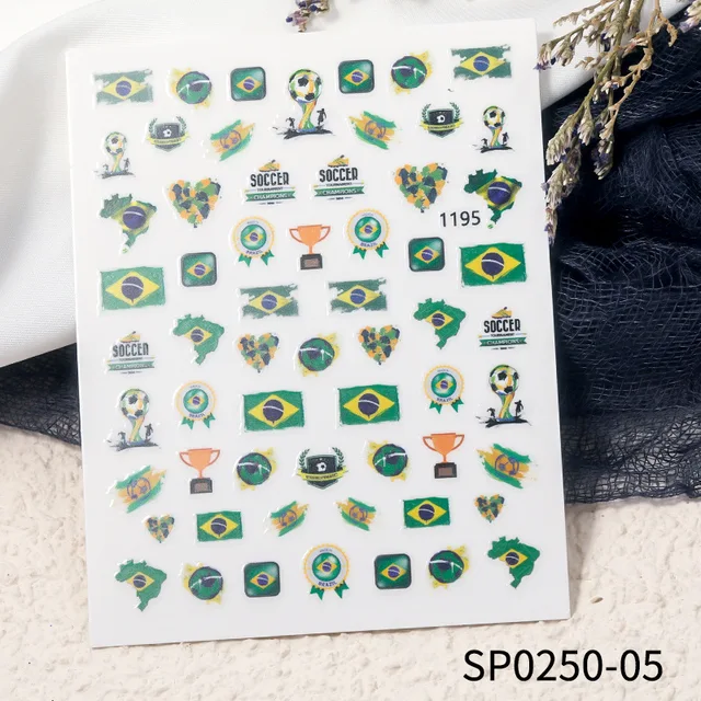 Fashion Adhesive World Cup Football Nail Decal Brazil Argentina Flag Nail Art Sticker 3D Manicure Decoration Accessories7.8x10cm SP0250-05