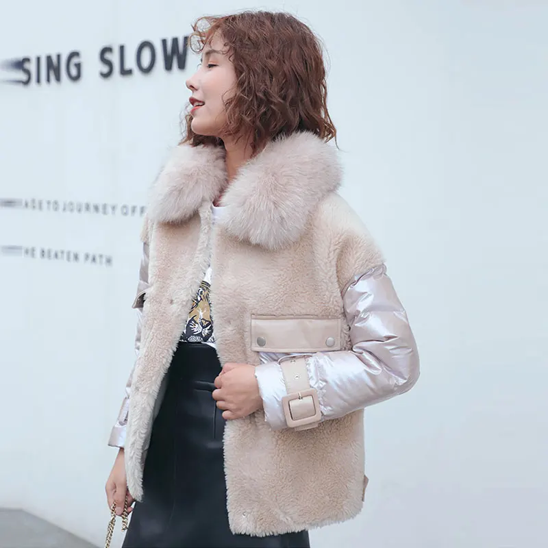 Зимнее женское пальто из овечьей шерсти с длинными рукавами, блестящая короткая хлопковая куртка, женская модная повседневная куртка с меховым воротником для женщин