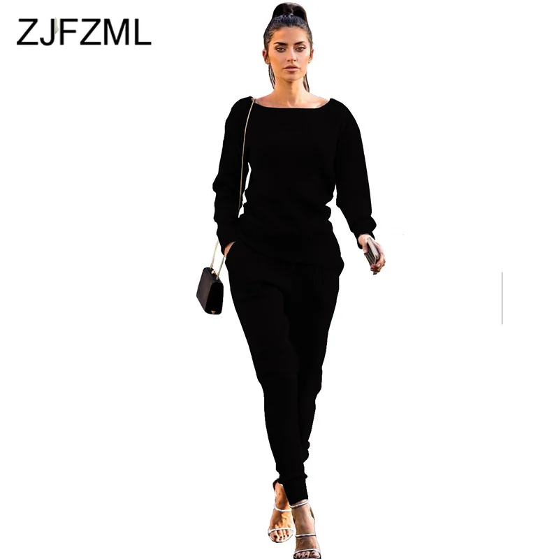 

Causal Knitted Plus Size Two Piece Set Women's Costumes Off Shoulder Long Sleeve Basic Tshirt + Full Length Trousers 2pcs Outfit