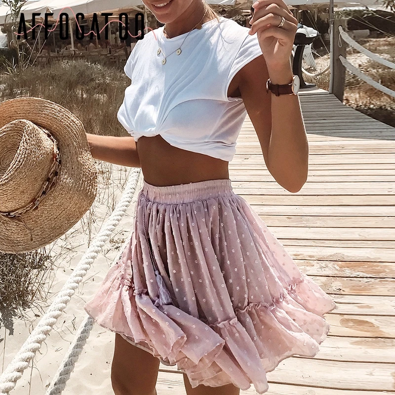 Affogatoo Casual polka dot ruffle summer pink skirt women A line high waist pleated short skirt Floral print chiffon beach skirt Affogatoo Casual polka dot ruffle summer pink skirt women A line high waist pleated short skirt Floral print chiffon beach skirt