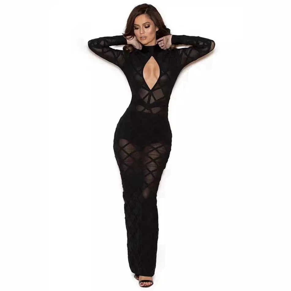LEGER BABE осеннее Новое Черное Красное Макси женское Бандажное платье сексуальное прозрачное открытое длинное Сетчатое платье Vestidos с длинными рукавами