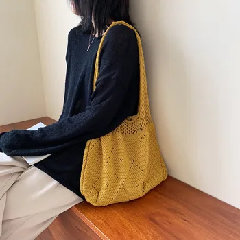 

2019 High Capacity Shopping bag Fashion Women Knitting Shouler Bags Hollow-Out Handle Bags Foldable Casual Shopping bag