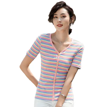 

Europe New Women Summer Sexy V Neck Single Breasted Striped Printed Cotton T Shirt Kawaii Top Female Slim Elegant Harajuku Shirt
