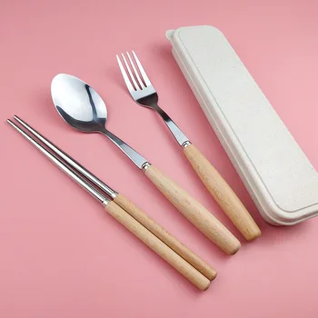 

3pcs Tableware Flatware Set Stainless Steel Fork Spoon Chopsticks with Wood Handle Camping Picnic Cutlery Dinnerware Sets