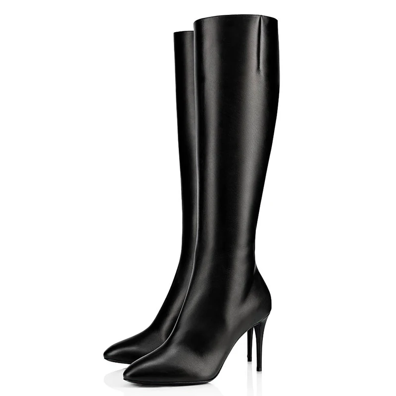 Сапоги до колена на высоком каблуке; высокие сапоги с острым носком; женские модные черные сапоги из искусственной кожи; Новое поступление; зимняя обувь на шпильке; ботинки больших размеров