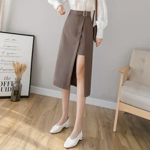 Юбки женские, сексуальные, черные, с разрезом по бокам, юбка миди, весна, высокая талия, костюм, юбка, Корейская, для девушек, официальная юбка