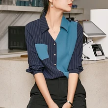 Синяя шифоновая полосатая рубашка с длинным рукавом, модная Женская Ретро рубашка большого размера, стиль осени