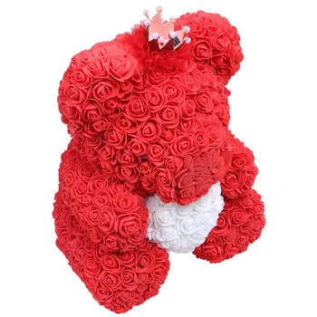 

40Cm Teddy Bear With Crown In Gift Box Bear Of Roses Artificial Flower New Year Gifts For Women Valentines Gift Red And White