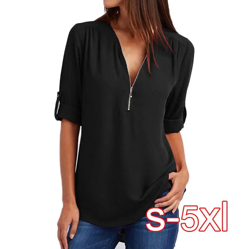 Уличная футболка из шифона с v-образным вырезом на молнии размера плюс XXXXL 5XL