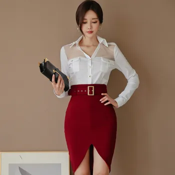 

Winter White Mesh Patchwork Blouse Office Suits Bodycon Midi Red Skirt Belt Two Piece Sets Office Dresses