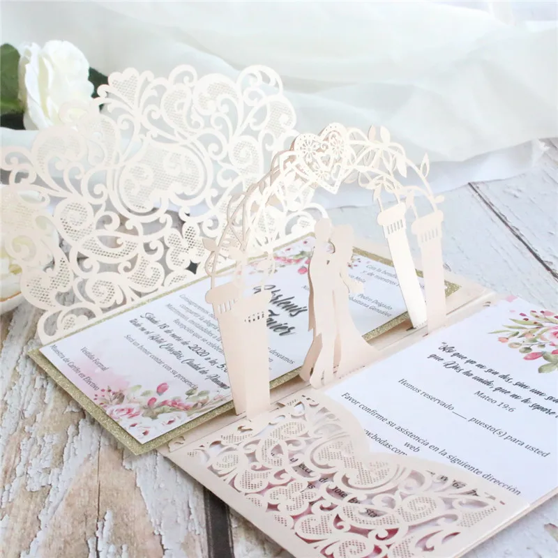 Ivory Kraft white Personalised 3d Heart folded Wedding / Evening Invitations 