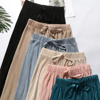 Women's Pleated Loose Ice Silk Korean Casual Cropped Pants Wide Leg Trouse Lady Girl Classic Sports Wear Girls Clothes Black Top - Image 5