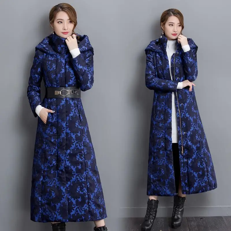 

Winter Cotton Coat Jacket Woman 2020 Plus Size Thick Hooded Slim Parka X-long Warm Coats for Women 4xl Jacquard Blue Clothing
