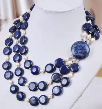 

Free Shipping New3Rows White Akoya Cultured Pearl & Genuine Coin Lapis Lazuli Jewelry Necklace