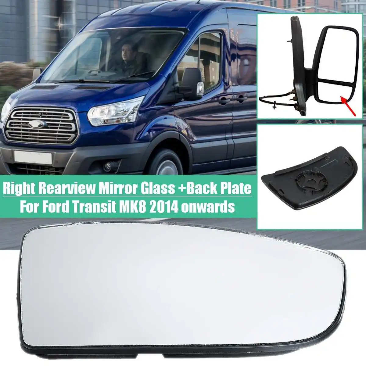 Left Passenger Side Lower Rear View Door Wing Mirror Glass with Plate Compatible for Transit MK8 1855103 BK3117C718AB 