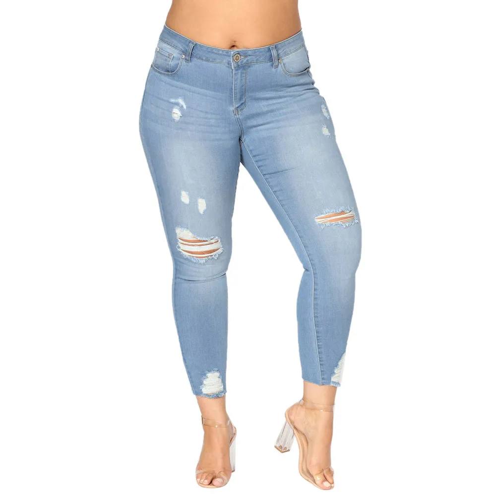 Новое поступление,, женские джинсовые рваные джинсы, Стрейчевые джинсы, Осенние сексуальные брюки, 2XL-7XL, супер эластичные узкие джинсы-карандаш# B