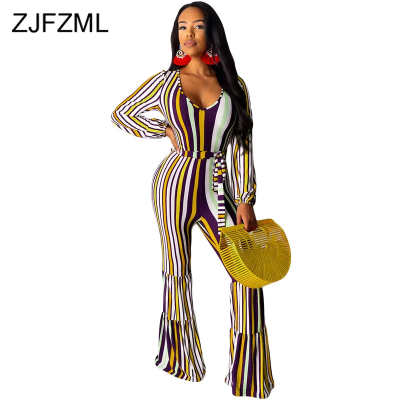

Colorful Stripes Sexy Party Flared Jumpsuits Women V Neck Waist Tie Up Bodycon Playsuit Autumn Long Sleeve Skinny Long Bodysuits