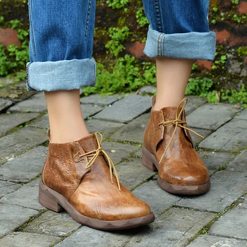 

Leather leisure womens boots casual women's shoes lacing Martin boots ankle waxed female square heel shoes comfortable