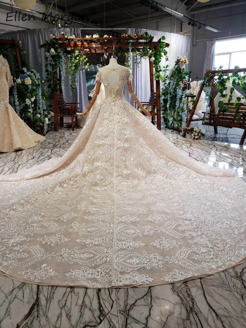 Saudi Arabian Vestidos De Novia кружевные бальные платья кружевные свадебные платья для женщин с вырезом лодочкой с коротким рукавом Свадебные платья с бусинами