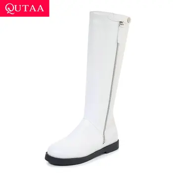 

QUTAA 2020 Square Heel Round Toe All Match Women Shoes Flock PU Leather Fashion Zipper Autumn Winter Knee High Boots Size 34-43