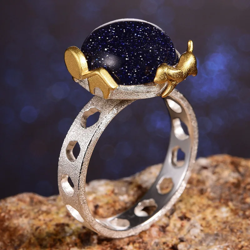 Настоящее серебро 925 пробы с натуральным камнем lapis Золотое кольцо для собаки S925