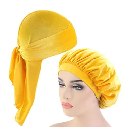 2 pcs/lot Men's velvet Durag Bandana Headwear Pure color Wide Doo Rag Bonnet Cap Comfortable velvet Sleeping Hat