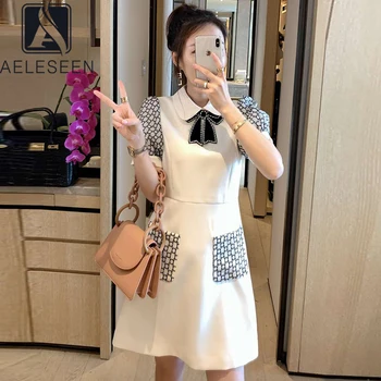 

AELESEEN Runway Fashion Summer Dress Women 2020 High Quality Lantern Sleeve Ladies Office Bow Collar Print Mini Party Dress
