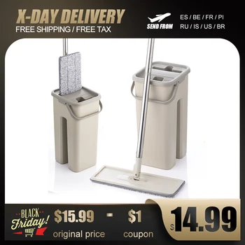 

Flat Squeeze Mop Bucket System With Hand Free Wash Microfiber Mop Pads Stainless Steel Pole Usage Hardwood Floor Cleaning Tools