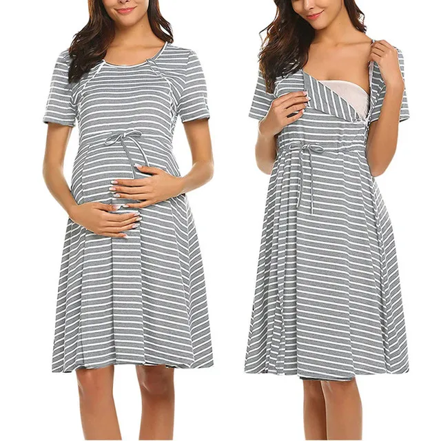 Grey Women's Short Sleeve Nursing Dress Stripe Maternity Dress Breastfeeding Pregnancy Clothes Pregnant Women Dresses Soft Cotton - Цвет: Grey