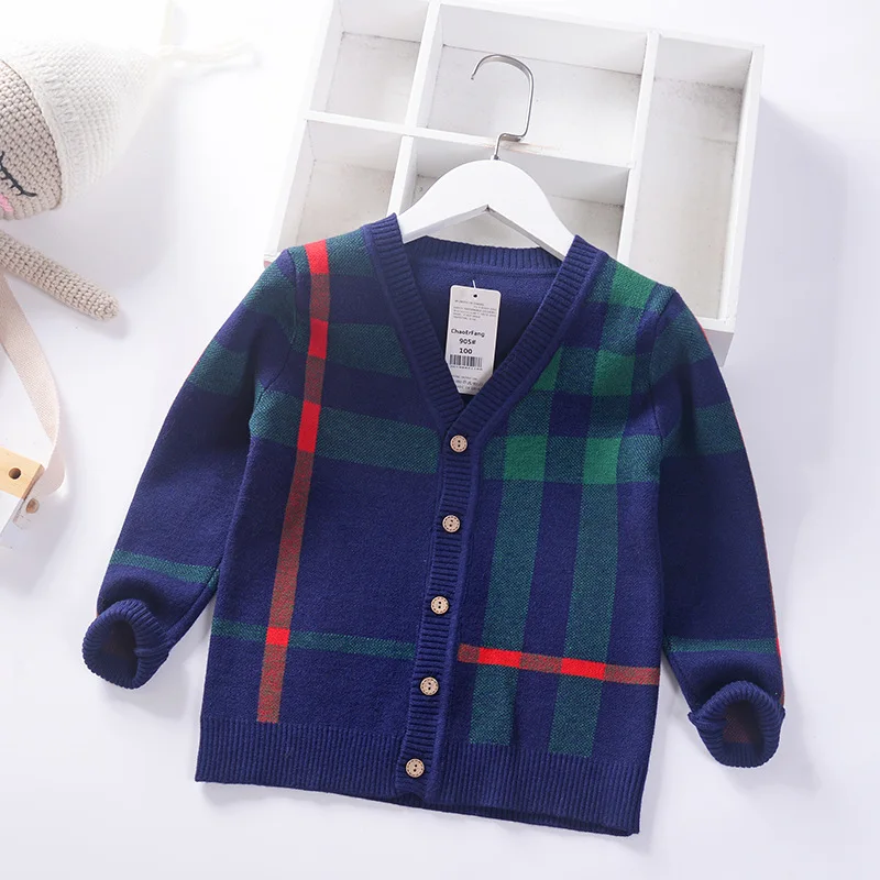 

2019 New Style Autumn Korean-style Children College Style Single Layer Core-Spun Yarn Cardigan BOY'S Plaid Cardigan Sweater Chil
