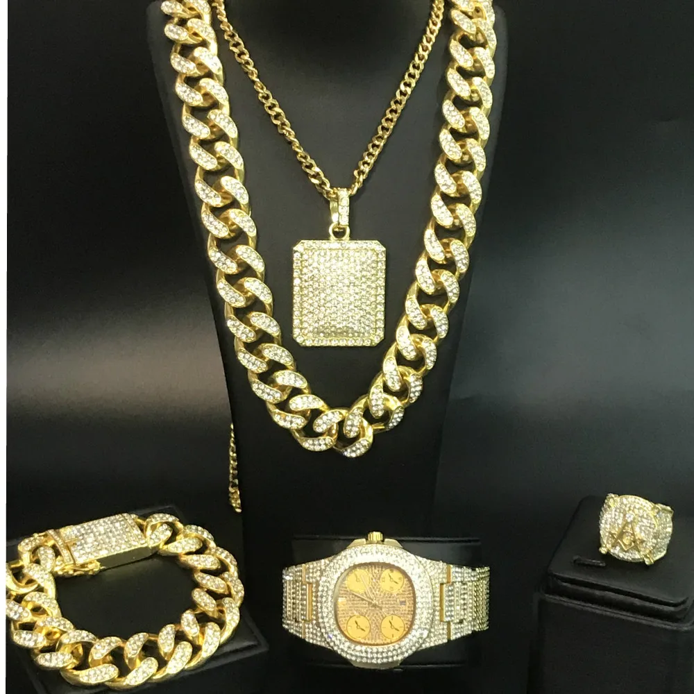 Роскошные мужские золотые часы в стиле хип-хоп, мужское золотое ожерелье, браслет, часы и кольцо, комбинированный набор, ледяные кубинские украшения, набор для мужчин