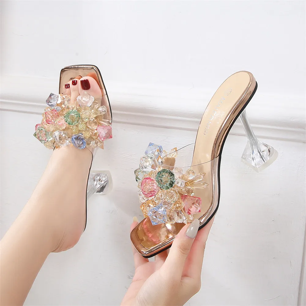 

Summer Square Toe Slippers Ladies Clear PVC Mules Sexy Crystal Flower 9CM High-Heeled Sandals Stage Show Model Car Women's Shoes