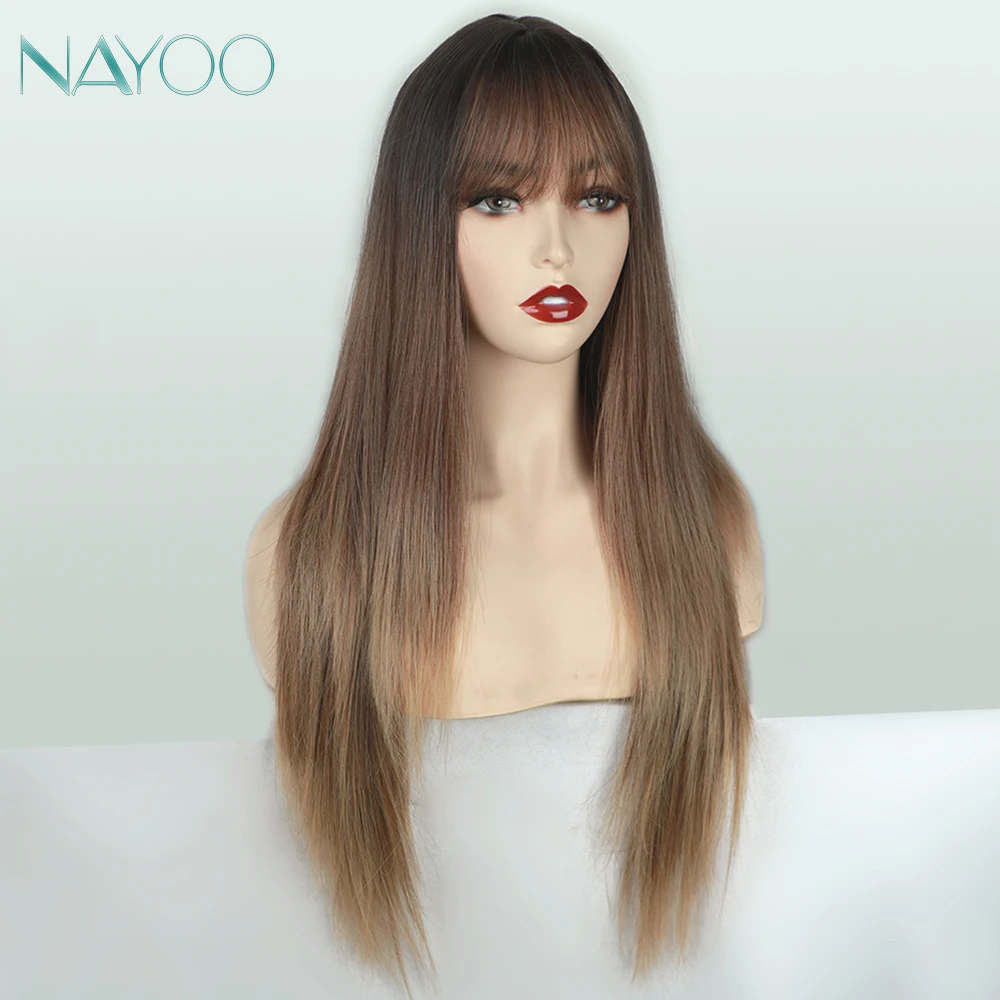 

Long Dark Brown Wig with Bangs Dark Root 28 inches Synthetic Straight Ombre Color Blonde Hair Wigs for Women High Heat Resistant