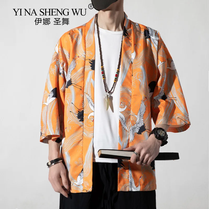 

Men Japanese Kimono Yukata Haori Cardigan Men Samurai Costume Clothing Kimono Jacket Men Kimono Shirt Women Three Quarter Sleeve
