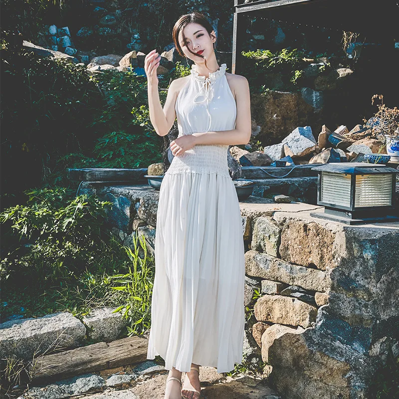 

7387 #-Autumn Sleeveless Halter Camisole High-waisted Flounced Fairy Skirt off-Shoulder Mid-length Dress